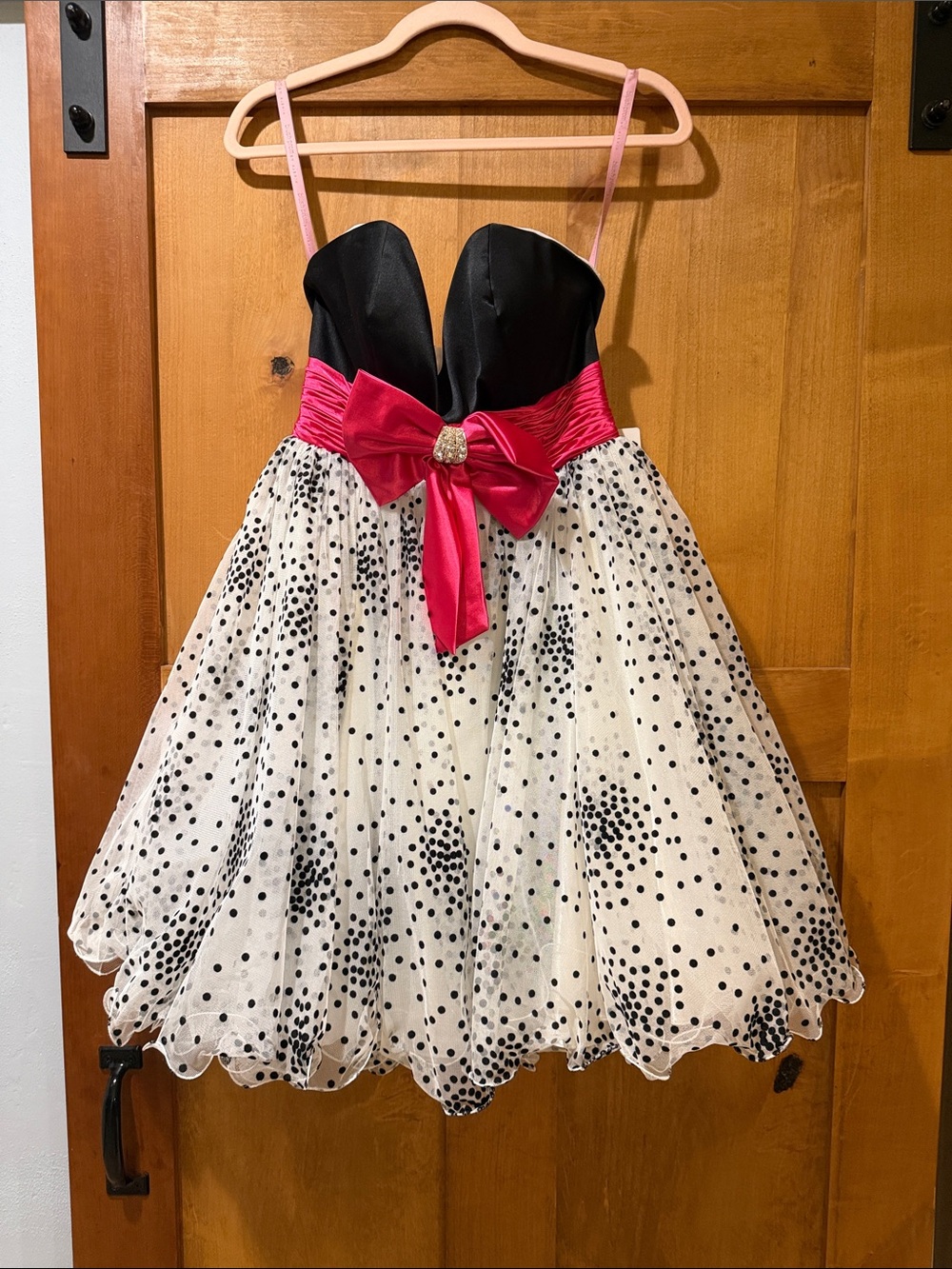 Womens Black & White Polka Dot Party Dress with Pink Bow